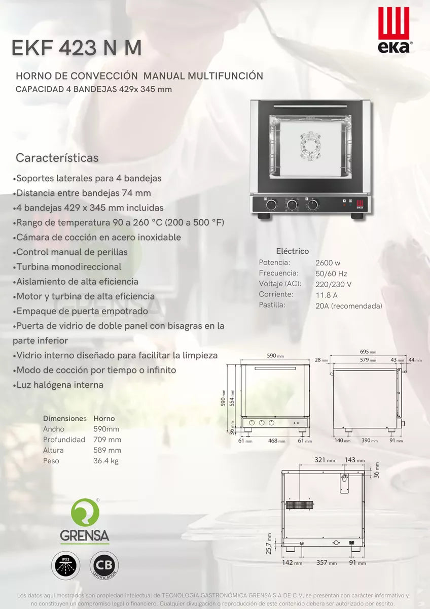 Horno Convección Multifunción Eka EKF423NM 4 Bandejas 429x345mm 220v
